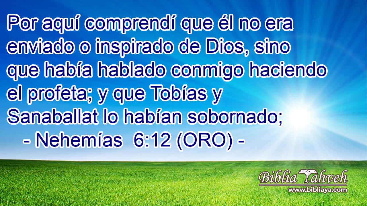  Por aquí comprendí que él no era enviado o inspirado de Dios, sino que había hablado conmigo haciendo el profeta; y que Tobías y Sanaballat lo habían sobornado; 