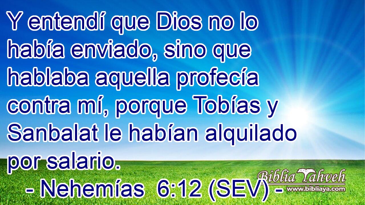 Y entendí que Dios no lo había enviado, sino que hablaba aquella profecía contra mí, porque Tobías y Sanbalat le habían alquilado por salario.