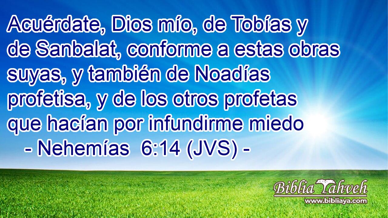 Acuérdate, Dios mío, de Tobías y de Sanbalat, conforme a estas obras suyas, y también de Noadías profetisa, y de los otros profetas que hacían por infundirme miedo