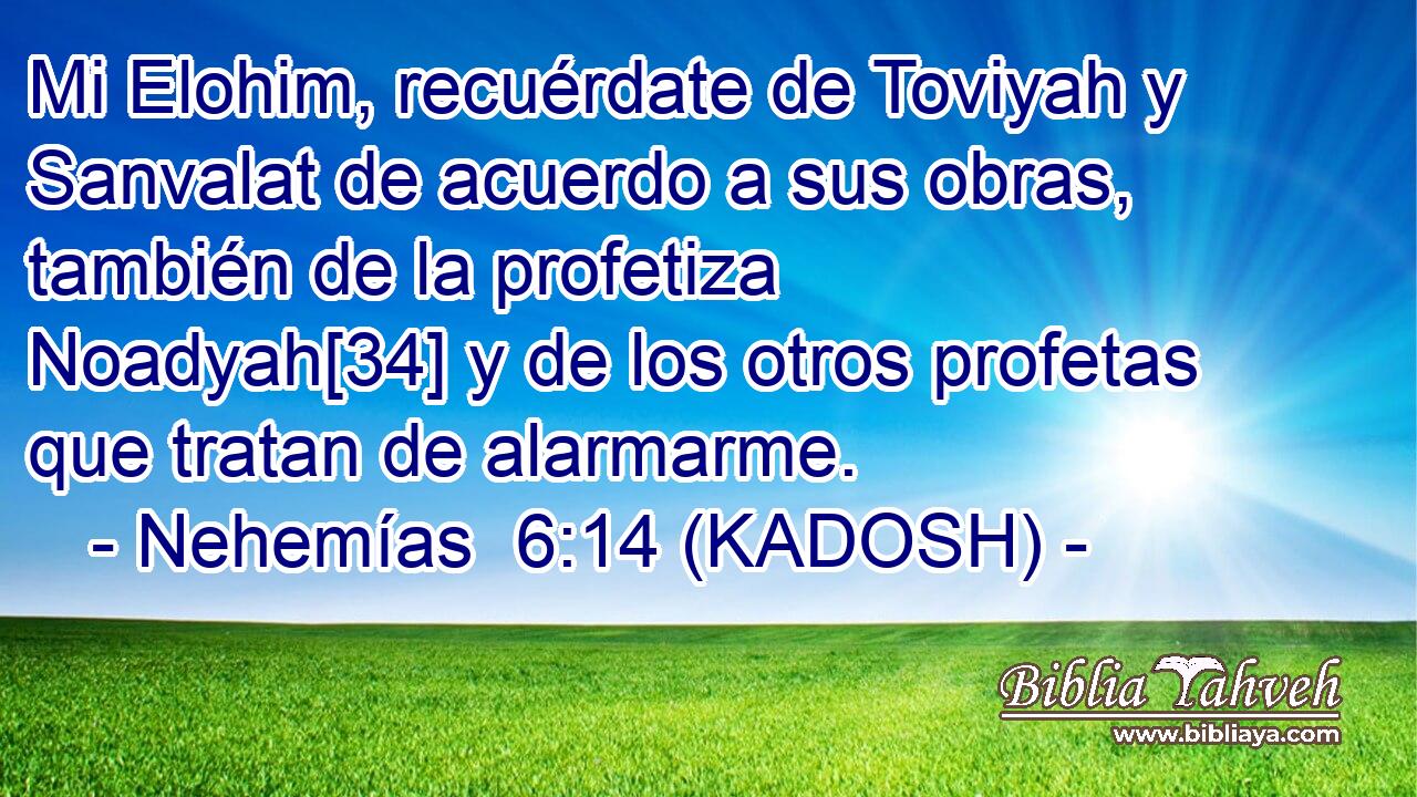  Mi Elohim, recuérdate de Toviyah y Sanvalat de acuerdo a sus obras, también de la profetiza Noadyah[34] y de los otros profetas que tratan de alarmarme. 