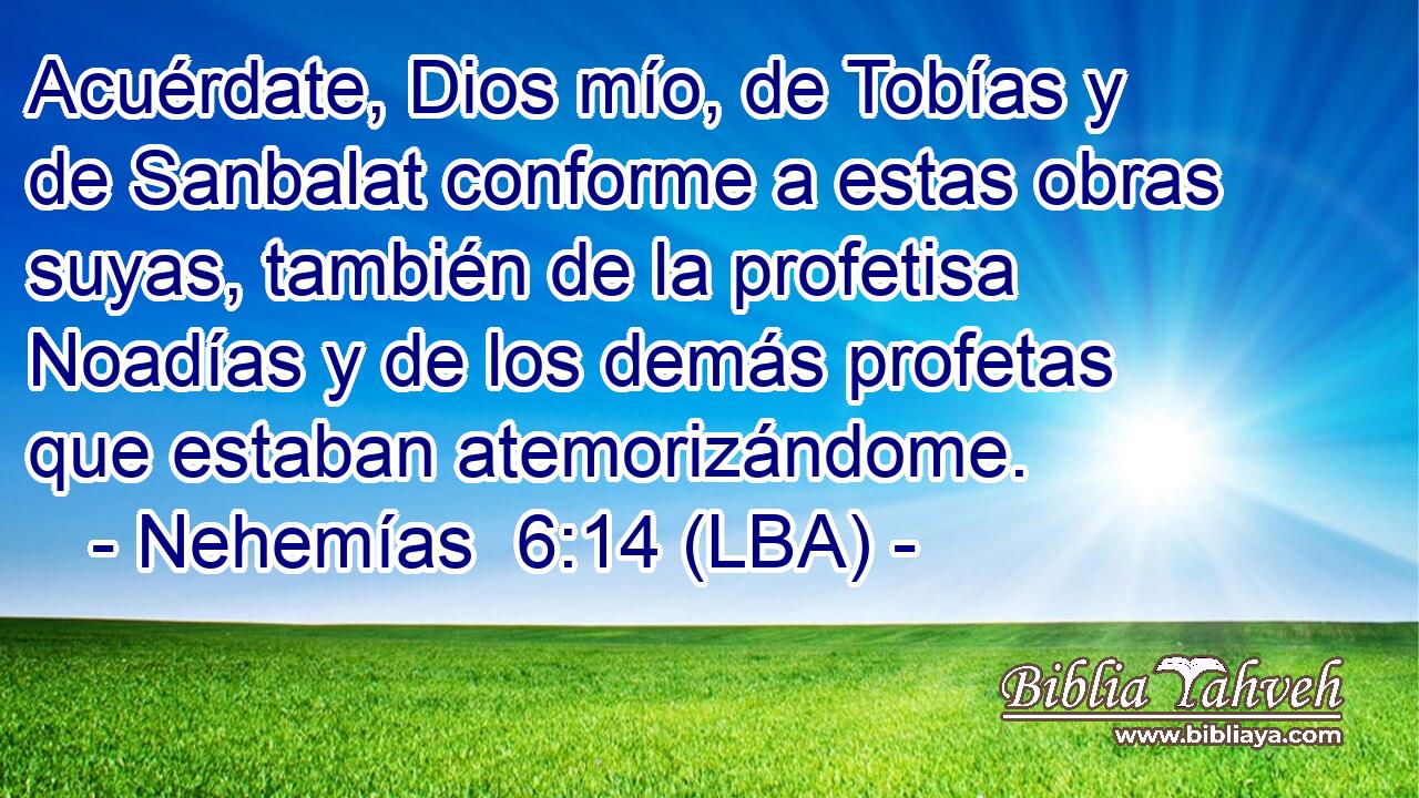 Acuérdate, Dios mío, de Tobías y de Sanbalat conforme a estas obras suyas, también de la profetisa Noadías y de los demás profetas que estaban atemorizándome.