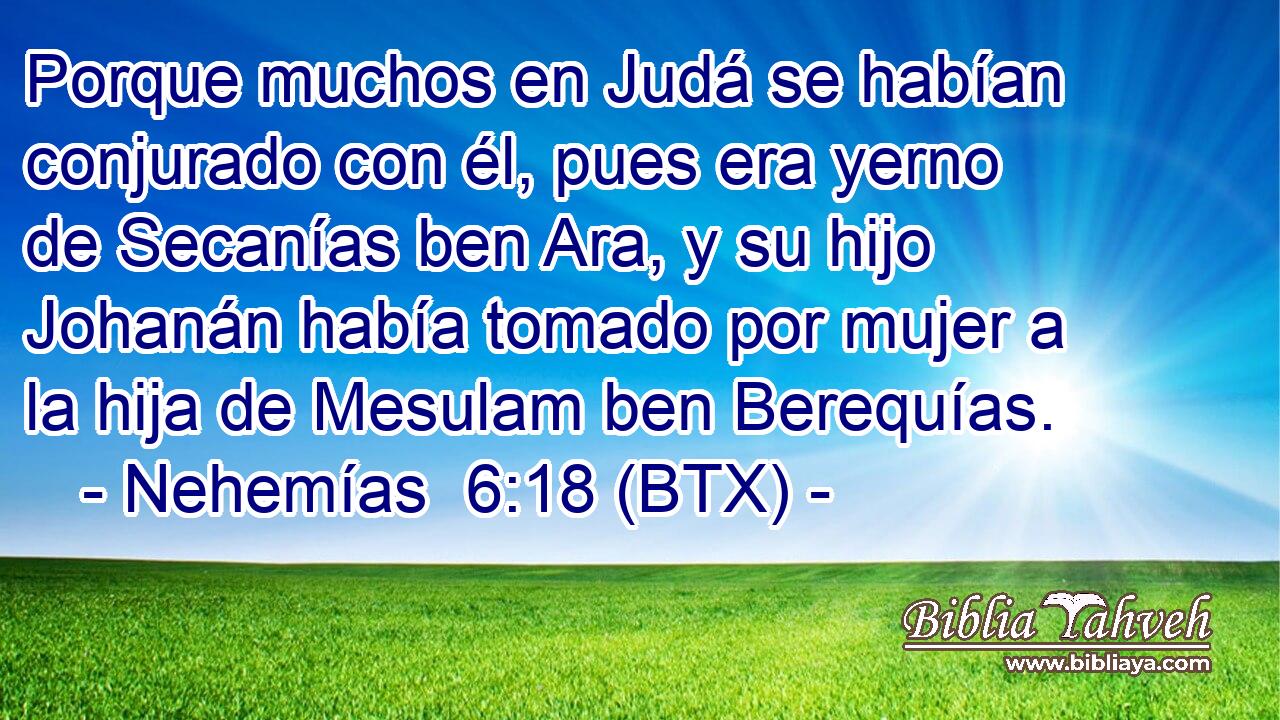 Porque muchos en Judá se habían conjurado con él, pues era yerno de Secanías ben Ara, y su hijo Johanán había tomado por mujer a la hija de Mesulam ben Berequías.