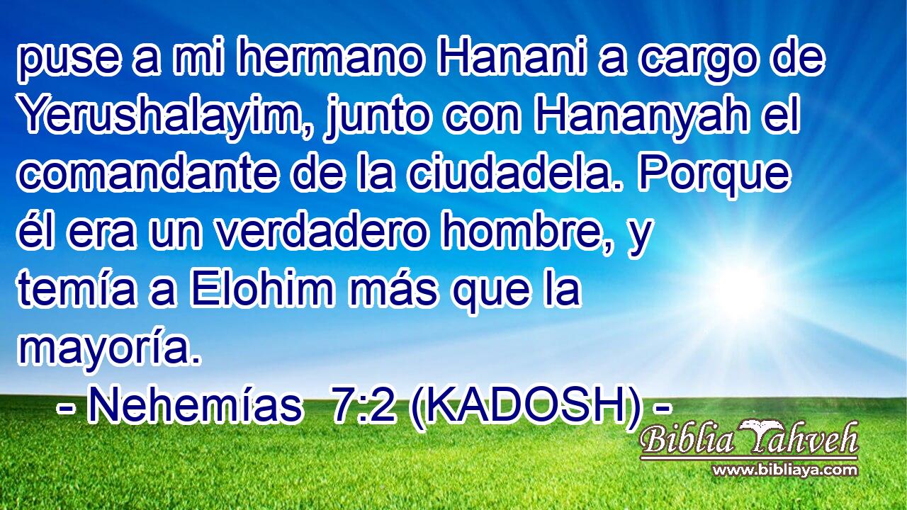  puse a mi hermano Hanani a cargo de Yerushalayim, junto con Hananyah el comandante de la ciudadela. Porque él era un verdadero hombre, y temía a Elohim más que la mayoría. 