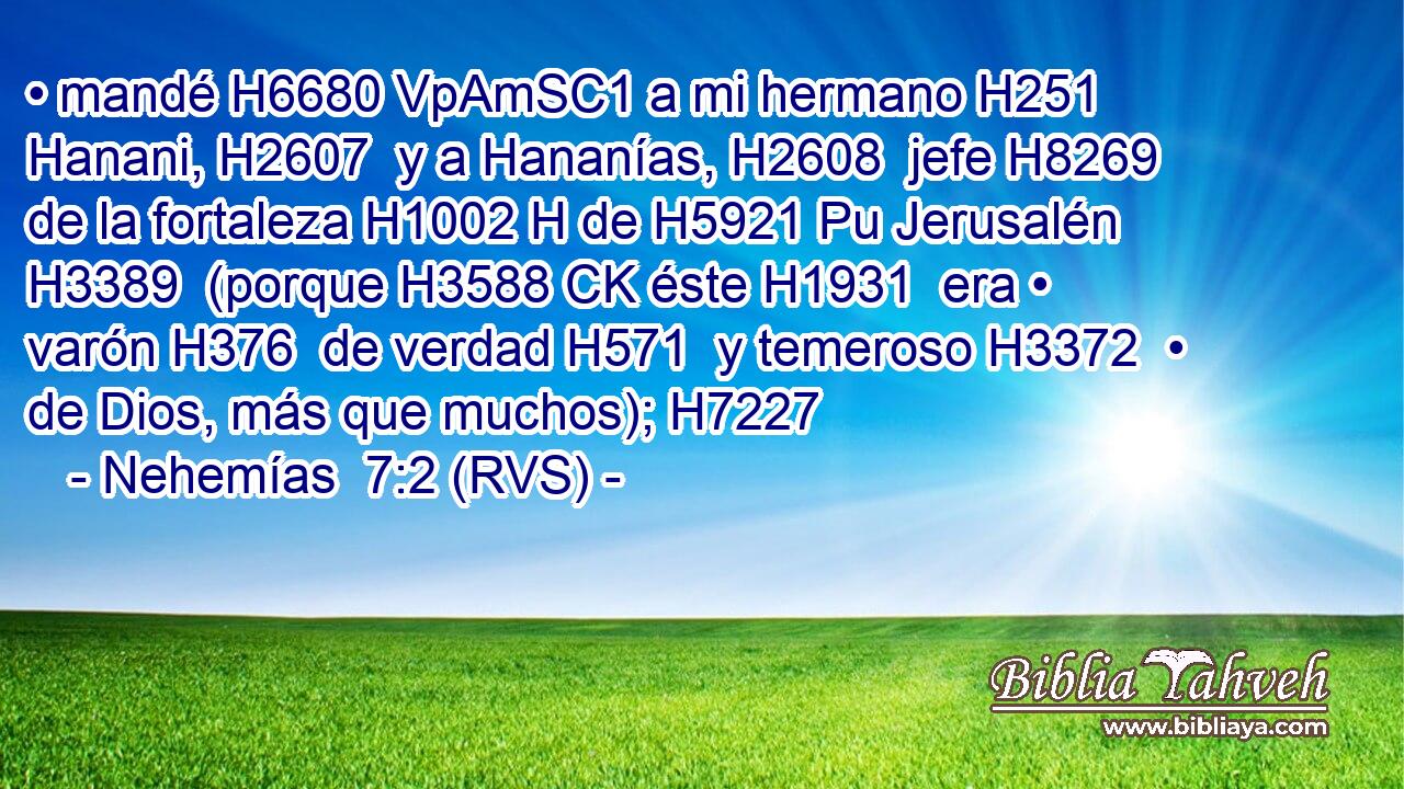 • mandé H6680 VpAmSC1 a mi hermano H251  Hanani, H2607  y a Hananías, H2608  jefe H8269  de la fortaleza H1002 H de H5921 Pu Jerusalén H3389  (porque H3588 CK éste H1931  era • varón H376  de verdad H571  y temeroso H3372  • de Dios, más que muchos); H7227  