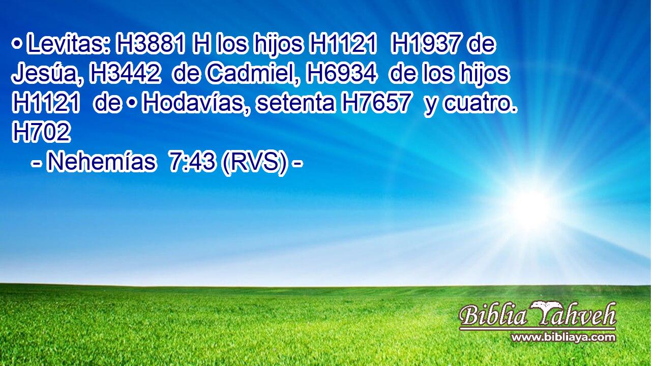 • Levitas: H3881 H los hijos H1121  H1937 de Jesúa, H3442  de Cadmiel, H6934  de los hijos H1121  de • Hodavías, setenta H7657  y cuatro. H702  