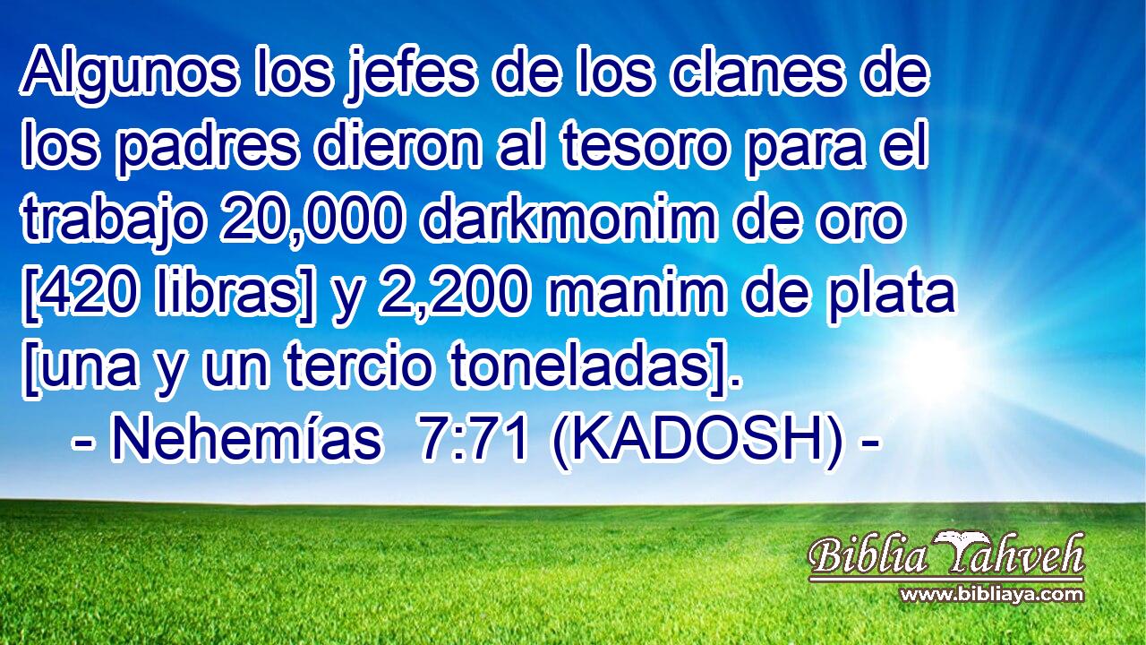  Algunos los jefes de los clanes de los padres dieron al tesoro para el trabajo 20,000 darkmonim de oro [420 libras] y 2,200 manim de plata [una y un tercio toneladas]. 