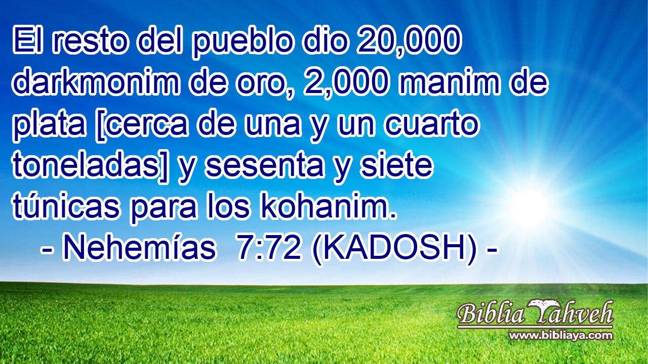  El resto del pueblo dio 20,000 darkmonim de oro, 2,000 manim de plata [cerca de una y un cuarto toneladas] y sesenta y siete túnicas para los kohanim. 