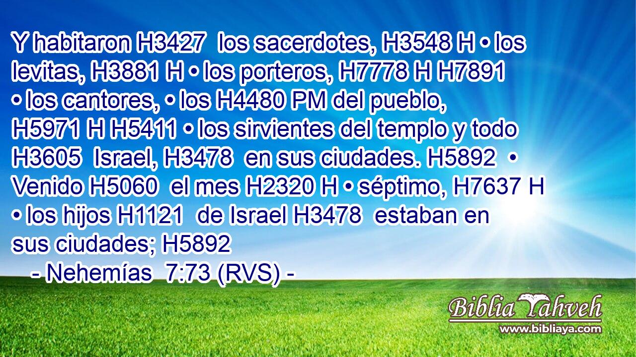 Y habitaron H3427  los sacerdotes, H3548 H • los levitas, H3881 H • los porteros, H7778 H H7891 • los cantores, • los H4480 PM del pueblo, H5971 H H5411 • los sirvientes del templo y todo H3605  Israel, H3478  en sus ciudades. H5892  • Venido H5060  el mes H2320 H • séptimo, H7637 H • los hijos H1121  de Israel H3478  estaban en sus ciudades; H5892  