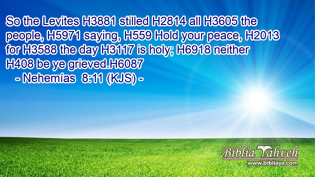 So the Levites H3881 stilled H2814 all H3605 the people, H5971 saying, H559 Hold your peace, H2013 for H3588 the day H3117 is holy; H6918 neither H408 be ye grieved.H6087