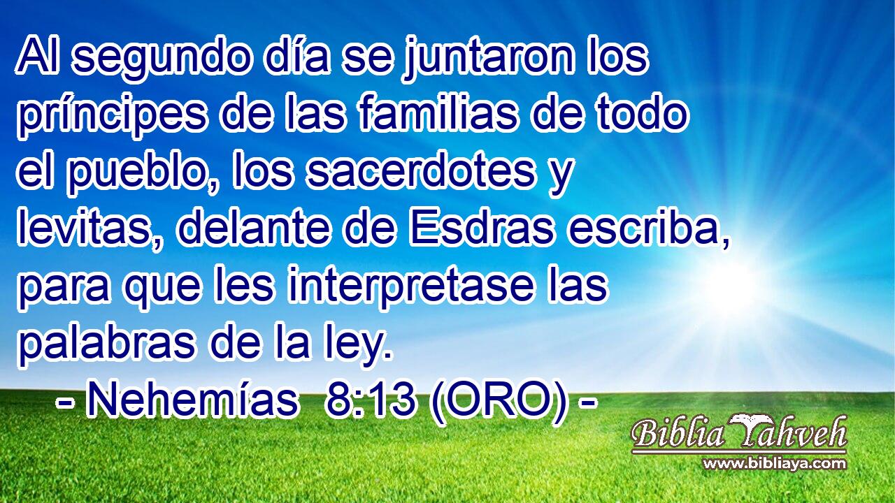  Al segundo día se juntaron los príncipes de las familias de todo el pueblo, los sacerdotes y levitas, delante de Esdras escriba, para que les interpretase las palabras de la ley. 