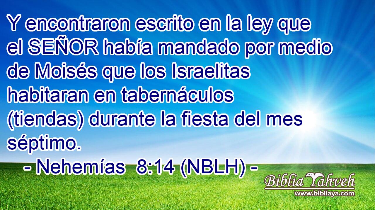  Y encontraron escrito en la ley que el SEÑOR había mandado por medio de Moisés que los Israelitas habitaran en tabernáculos (tiendas) durante la fiesta del mes séptimo. 