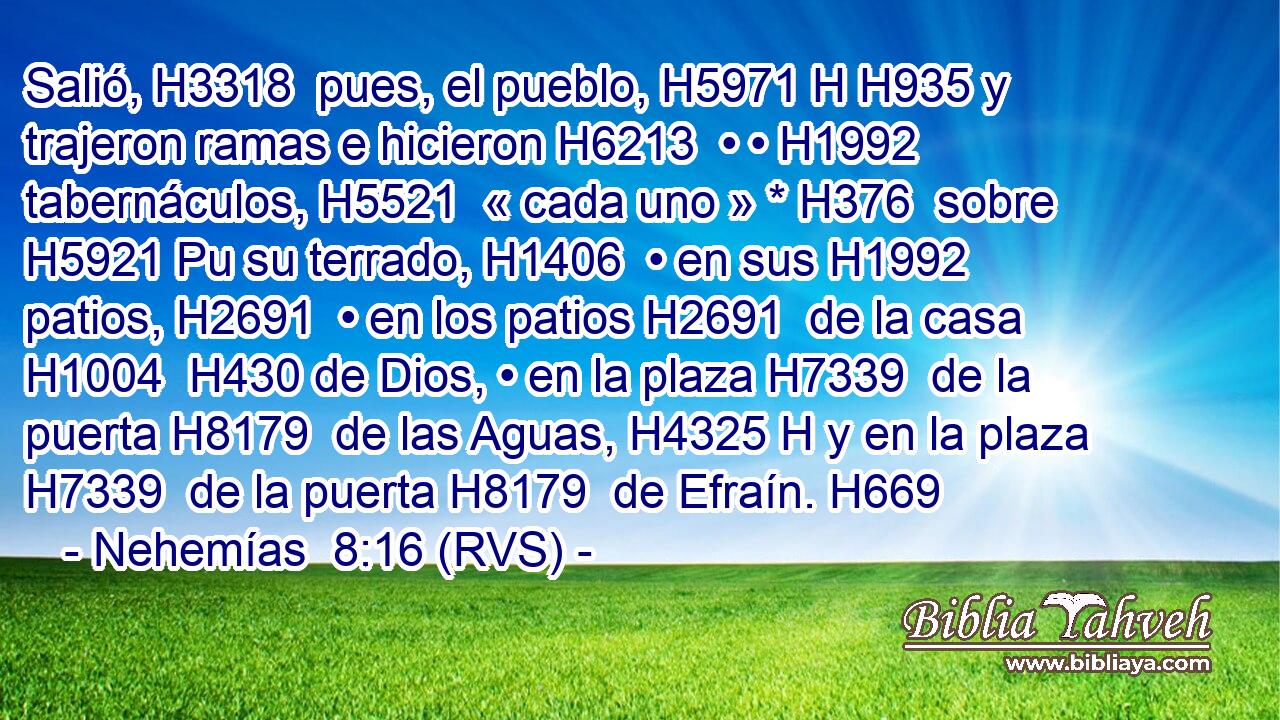 Salió, H3318  pues, el pueblo, H5971 H H935 y trajeron ramas e hicieron H6213  • • H1992  tabernáculos, H5521  « cada uno » * H376  sobre H5921 Pu su terrado, H1406  • en sus H1992  patios, H2691  • en los patios H2691  de la casa H1004  H430 de Dios, • en la plaza H7339  de la puerta H8179  de las Aguas, H4325 H y en la plaza H7339  de la puerta H8179  de Efraín. H669