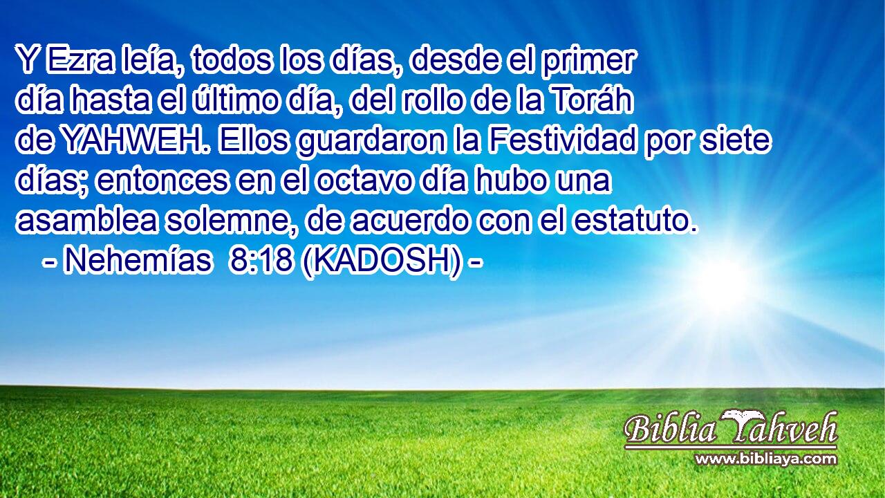  Y Ezra leía, todos los días, desde el primer día hasta el último día, del rollo de la Toráh de YAHWEH. Ellos guardaron la Festividad por siete días; entonces en el octavo día hubo una asamblea solemne, de acuerdo con el estatuto. 