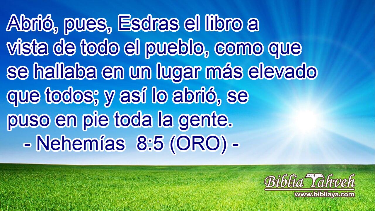  Abrió, pues, Esdras el libro a vista de todo el pueblo, como que se hallaba en un lugar más elevado que todos; y así lo abrió, se puso en pie toda la gente. 
