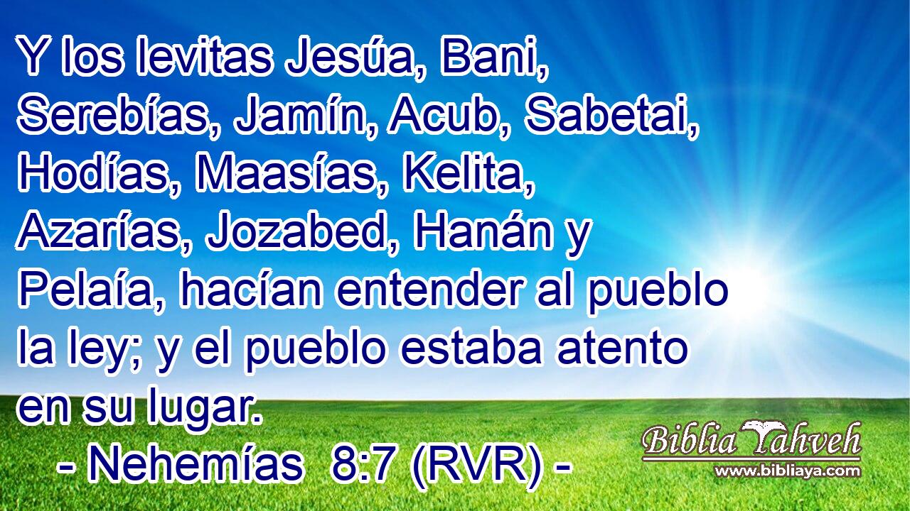 Y los levitas Jesúa, Bani, Serebías, Jamín, Acub, Sabetai, Hodías, Maasías, Kelita, Azarías, Jozabed, Hanán y Pelaía, hacían entender al pueblo la ley; y el pueblo estaba atento en su lugar.