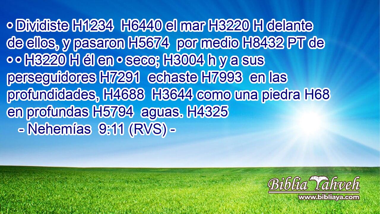 • Dividiste H1234  H6440 el mar H3220 H delante de ellos, y pasaron H5674  por medio H8432 PT de • • H3220 H él en • seco; H3004 h y a sus perseguidores H7291  echaste H7993  en las profundidades, H4688  H3644 como una piedra H68  en profundas H5794  aguas. H4325  