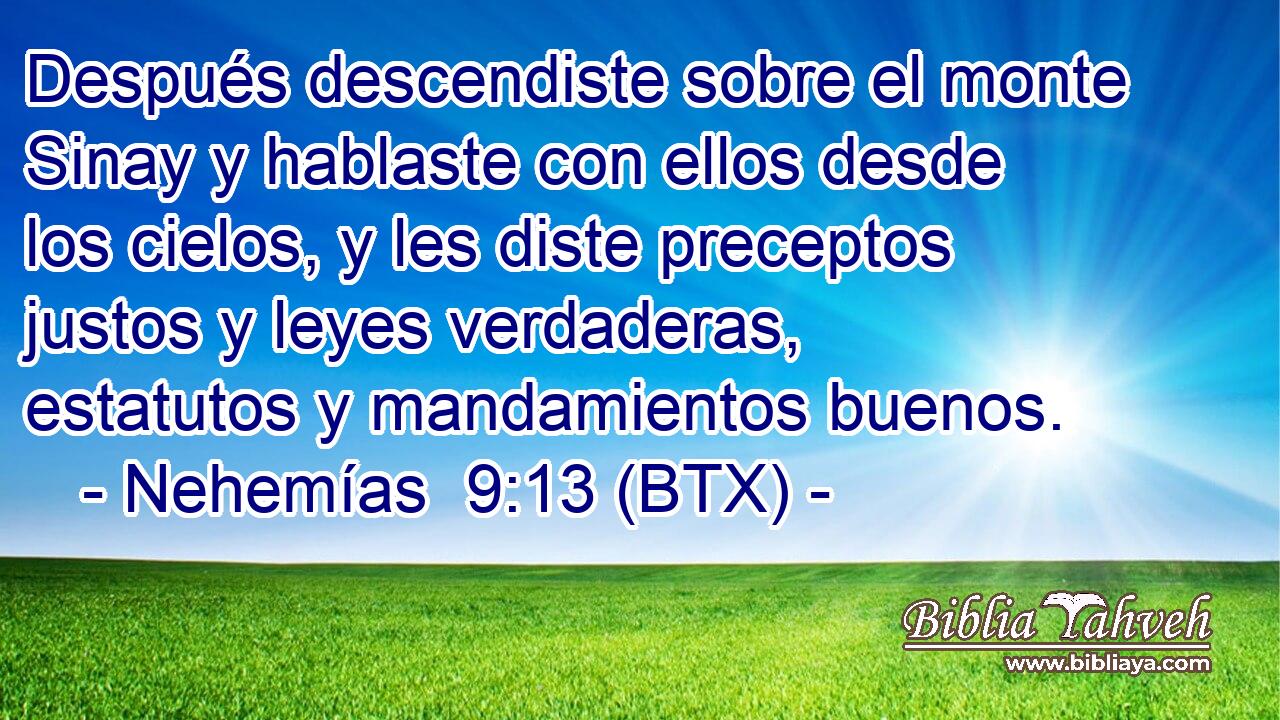 Después descendiste sobre el monte Sinay y hablaste con ellos desde los cielos, y les diste preceptos justos y leyes verdaderas, estatutos y mandamientos buenos.