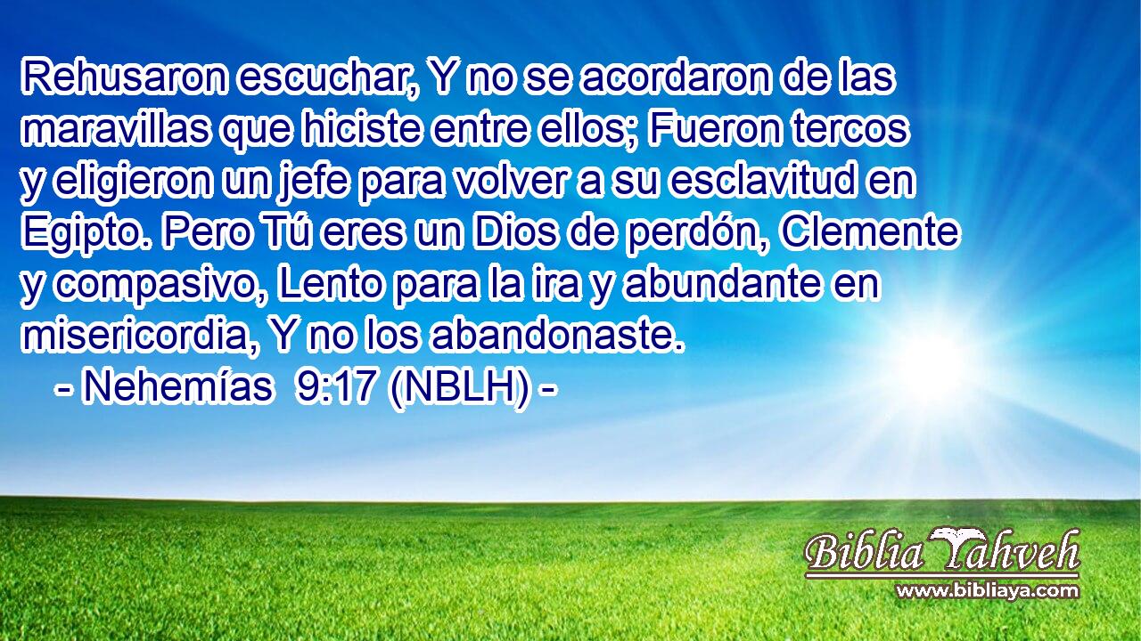  Rehusaron escuchar, Y no se acordaron de las maravillas que hiciste entre ellos; Fueron tercos y eligieron un jefe para volver a su esclavitud en Egipto. Pero Tú eres un Dios de perdón, Clemente y compasivo, Lento para la ira y abundante en misericordia, Y no los abandonaste. 