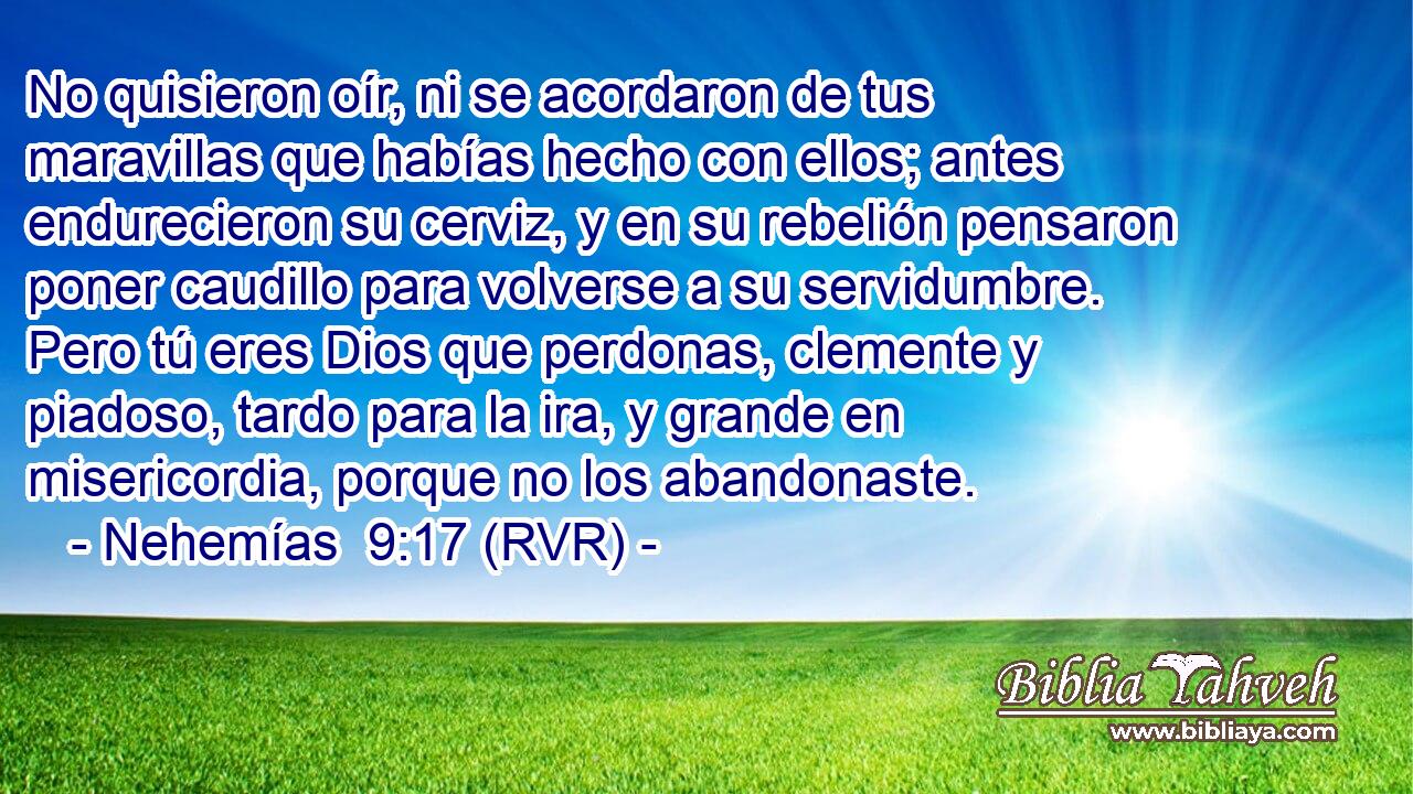 No quisieron oír, ni se acordaron de tus maravillas que habías hecho con ellos; antes endurecieron su cerviz, y en su rebelión pensaron poner caudillo para volverse a su servidumbre. Pero tú eres Dios que perdonas, clemente y piadoso, tardo para la ira, y grande en misericordia, porque no los abandonaste.