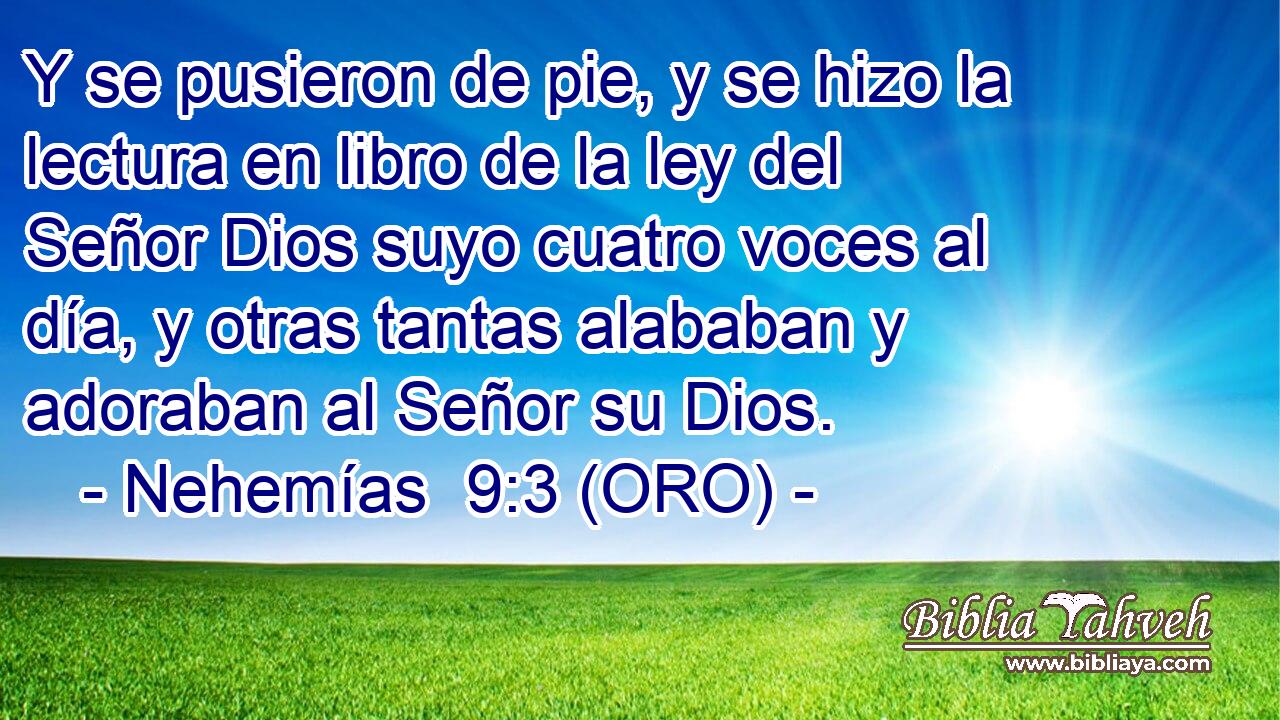  Y se pusieron de pie, y se hizo la lectura en libro de la ley del Señor Dios suyo cuatro voces al día, y otras tantas alababan y adoraban al Señor su Dios. 
