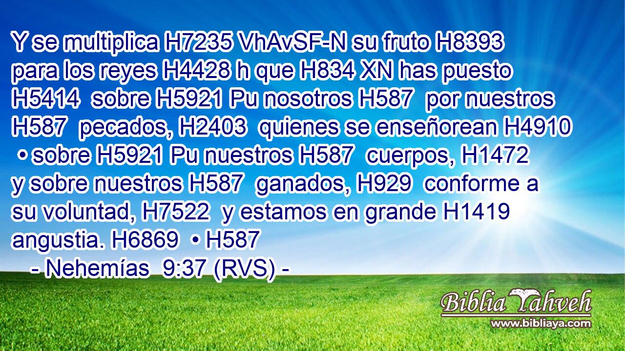 Y se multiplica H7235 VhAvSF-N su fruto H8393  para los reyes H4428 h que H834 XN has puesto H5414  sobre H5921 Pu nosotros H587  por nuestros H587  pecados, H2403  quienes se enseñorean H4910  • sobre H5921 Pu nuestros H587  cuerpos, H1472  y sobre nuestros H587  ganados, H929  conforme a su voluntad, H7522  y estamos en grande H1419  angustia. H6869  • H587  