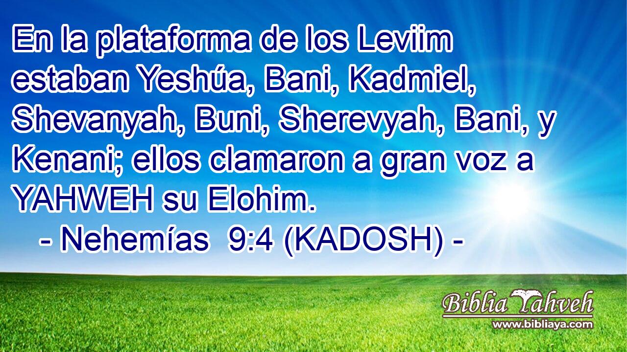 En la plataforma de los Leviim estaban Yeshúa, Bani, Kadmiel, Shevanyah, Buni, Sherevyah, Bani, y Kenani; ellos clamaron a gran voz a YAHWEH su Elohim. 