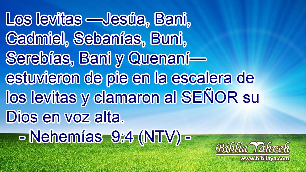 Los levitas —Jesúa, Bani, Cadmiel, Sebanías, Buni, Serebías, Bani y Quenaní— estuvieron de pie en la escalera de los levitas y clamaron al SEÑOR su Dios en voz alta.
