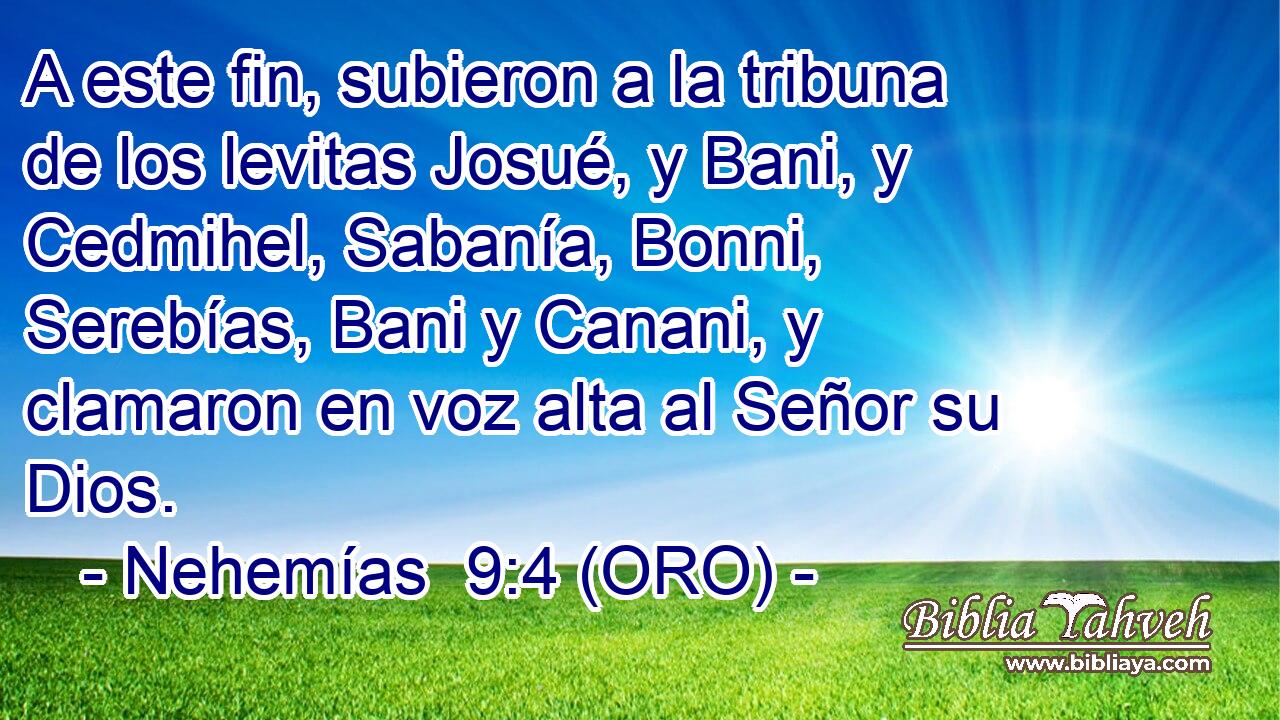  A este fin, subieron a la tribuna de los levitas Josué, y Bani, y Cedmihel, Sabanía, Bonni, Serebías, Bani y Canani, y clamaron en voz alta al Señor su Dios. 