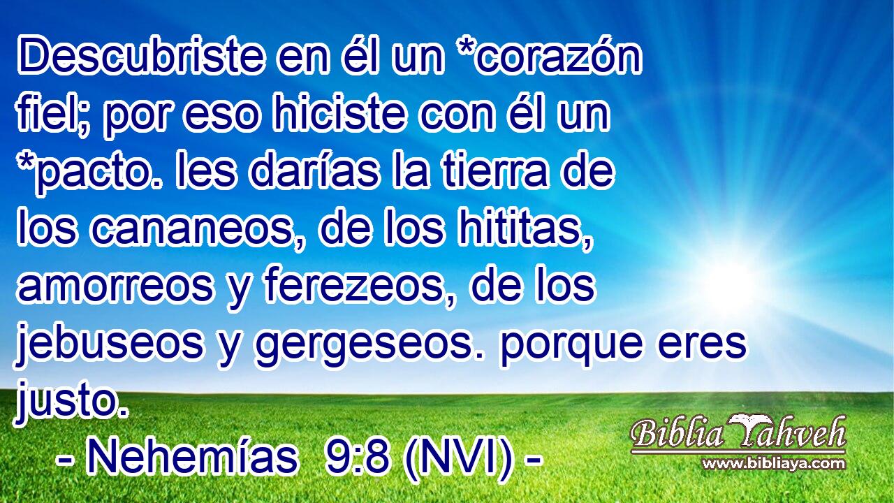  Descubriste en él un *corazón fiel; por eso hiciste con él un *pacto. les darías la tierra de los cananeos, de los hititas, amorreos y ferezeos, de los jebuseos y gergeseos. porque eres justo. 