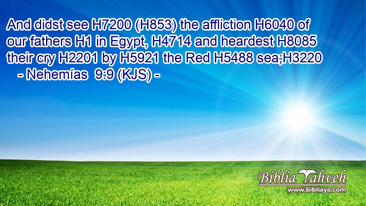 And didst see H7200 (H853) the affliction H6040 of our fathers H1 in Egypt, H4714 and heardest H8085 their cry H2201 by H5921 the Red H5488 sea;H3220