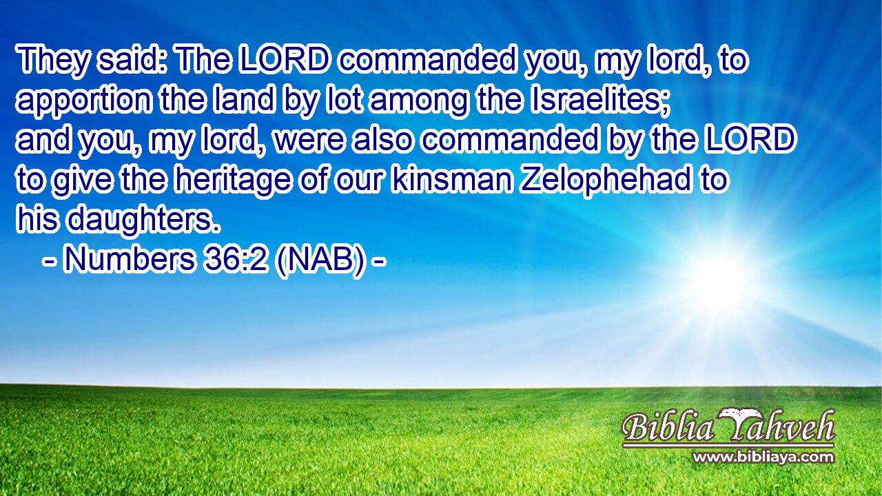  They said: The LORD commanded you, my lord, to apportion the land by lot among the Israelites; and you, my lord, were also commanded by the LORD to give the heritage of our kinsman Zelophehad to his daughters.