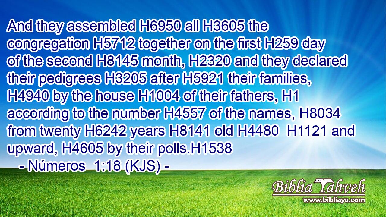 And they assembled H6950 all H3605 the congregation H5712 together on the first H259 day of the second H8145 month, H2320 and they declared their pedigrees H3205 after H5921 their families, H4940 by the house H1004 of their fathers, H1 according to the number H4557 of the names, H8034 from twenty H6242 years H8141 old H4480  H1121 and upward, H4605 by their polls.H1538