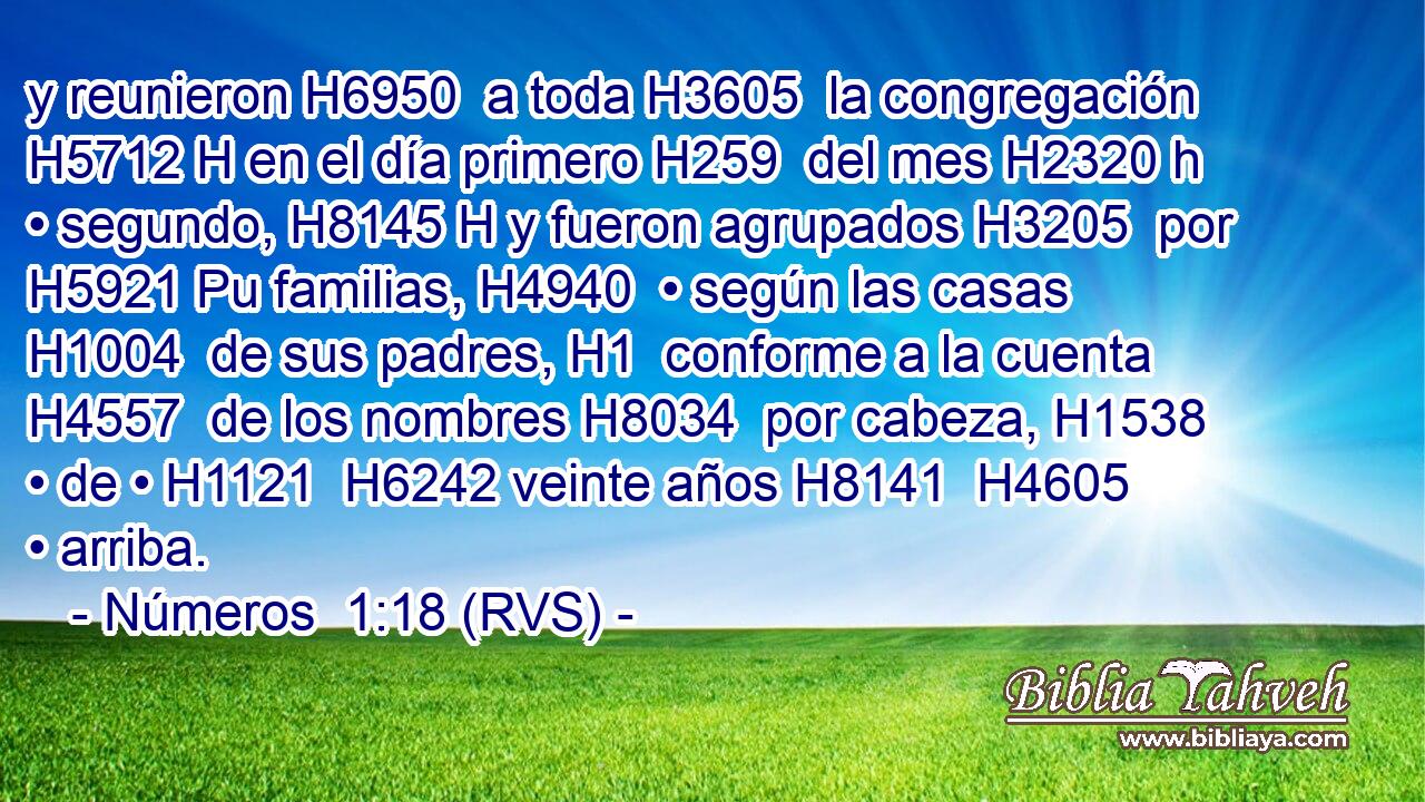 y reunieron H6950  a toda H3605  la congregación H5712 H en el día primero H259  del mes H2320 h • segundo, H8145 H y fueron agrupados H3205  por H5921 Pu familias, H4940  • según las casas H1004  de sus padres, H1  conforme a la cuenta H4557  de los nombres H8034  por cabeza, H1538  • de • H1121  H6242 veinte años H8141  H4605 • arriba. 