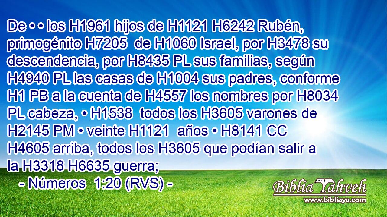 De • • los H1961 hijos de H1121 H6242 Rubén, primogénito H7205  de H1060 Israel, por H3478 su descendencia, por H8435 PL sus familias, según H4940 PL las casas de H1004 sus padres, conforme H1 PB a la cuenta de H4557 los nombres por H8034 PL cabeza, • H1538  todos los H3605 varones de H2145 PM • veinte H1121  años • H8141 CC H4605 arriba, todos los H3605 que podían salir a la H3318 H6635 guerra; 