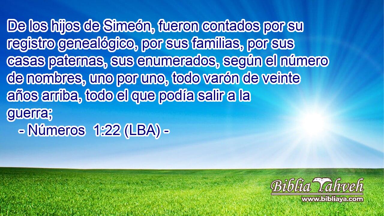 De los hijos de Simeón, fueron contados por su registro genealógico, por sus familias, por sus casas paternas, sus enumerados, según el número de nombres, uno por uno, todo varón de veinte años arriba, todo el que podía salir a la guerra;