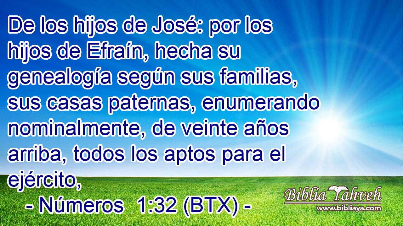 De los hijos de José: por los hijos de Efraín, hecha su genealogía según sus familias, sus casas paternas, enumerando nominalmente, de veinte años arriba, todos los aptos para el ejército,