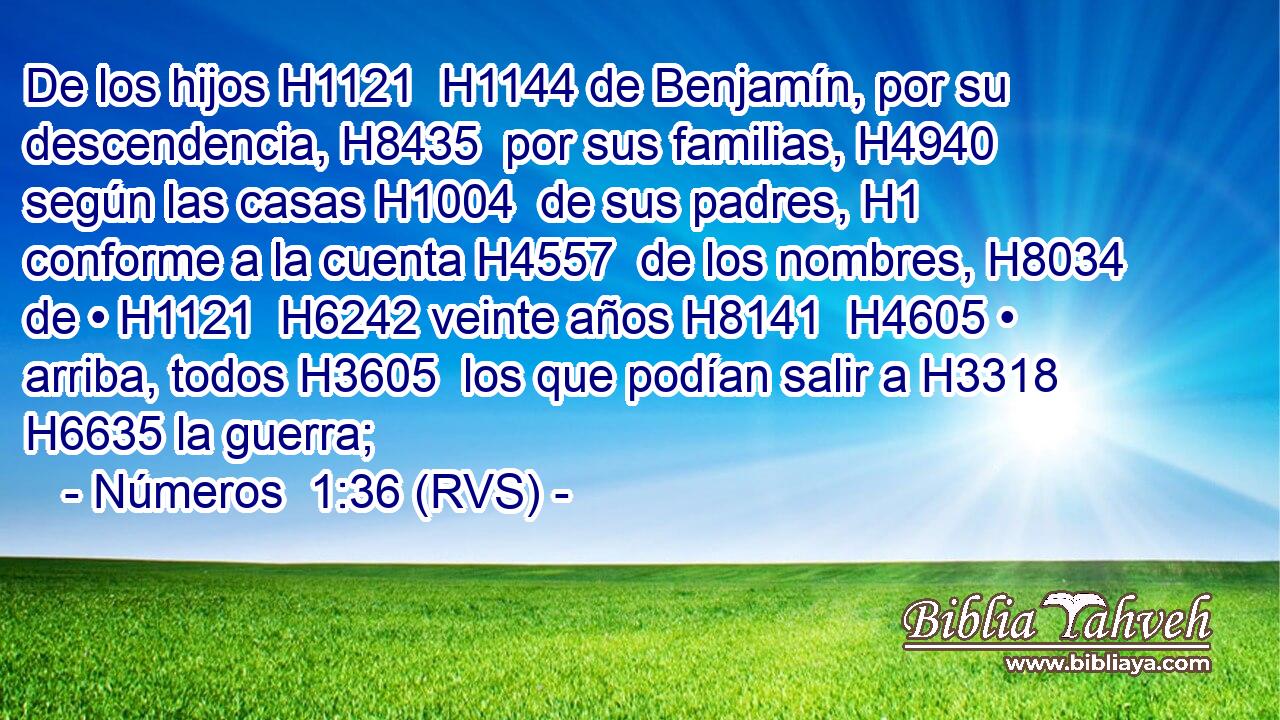 De los hijos H1121  H1144 de Benjamín, por su descendencia, H8435  por sus familias, H4940  según las casas H1004  de sus padres, H1  conforme a la cuenta H4557  de los nombres, H8034  de • H1121  H6242 veinte años H8141  H4605 • arriba, todos H3605  los que podían salir a H3318 H6635 la guerra; 