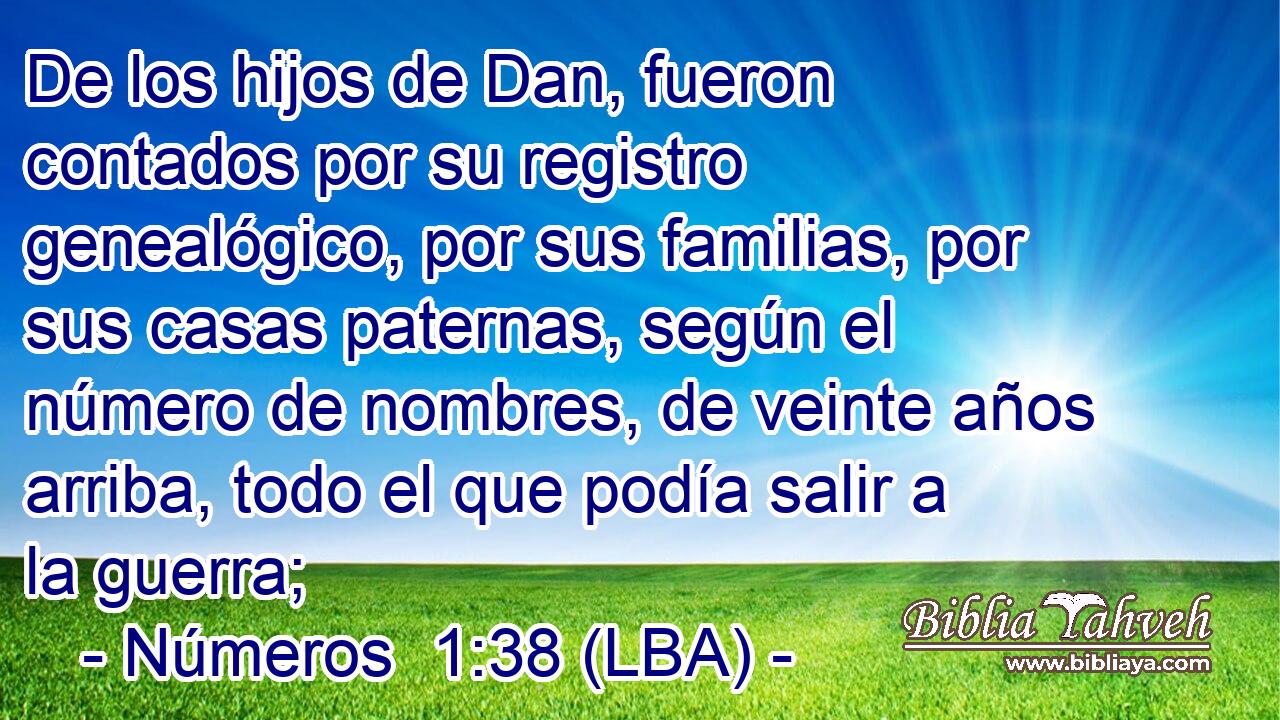 De los hijos de Dan, fueron contados por su registro genealógico, por sus familias, por sus casas paternas, según el número de nombres, de veinte años arriba, todo el que podía salir a la guerra;