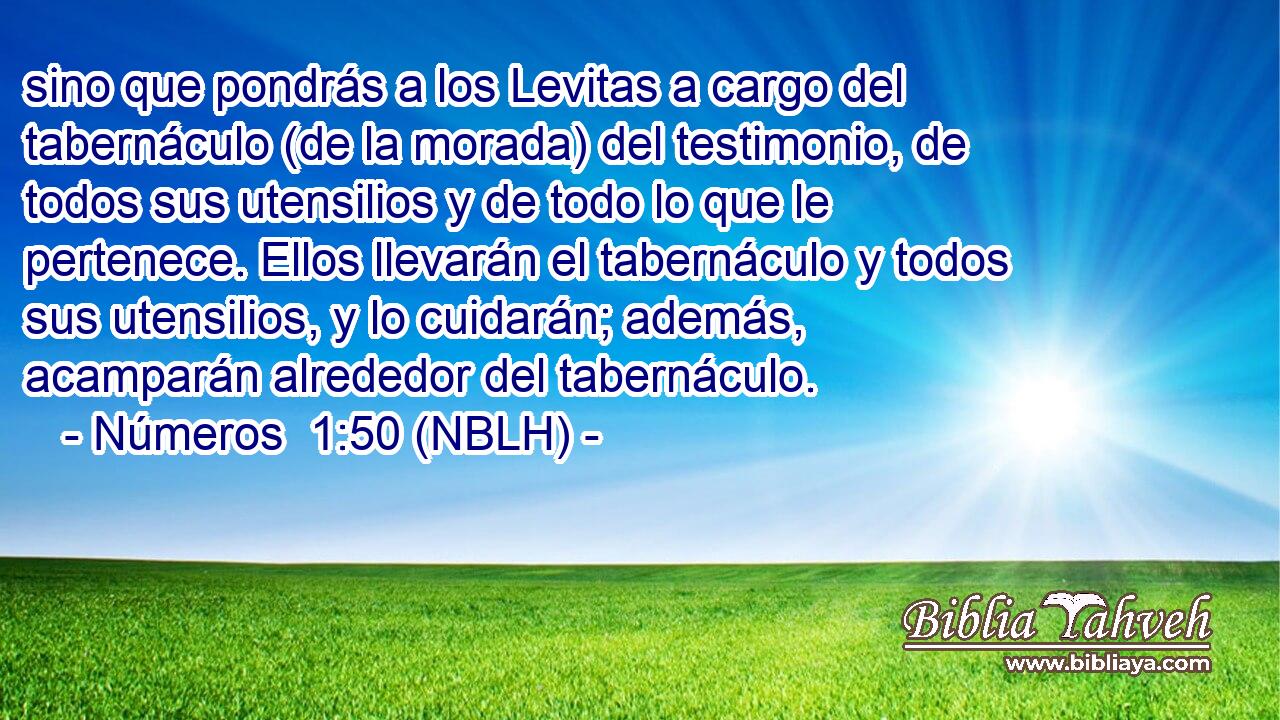  sino que pondrás a los Levitas a cargo del tabernáculo (de la morada) del testimonio, de todos sus utensilios y de todo lo que le pertenece. Ellos llevarán el tabernáculo y todos sus utensilios, y lo cuidarán; además, acamparán alrededor del tabernáculo. 