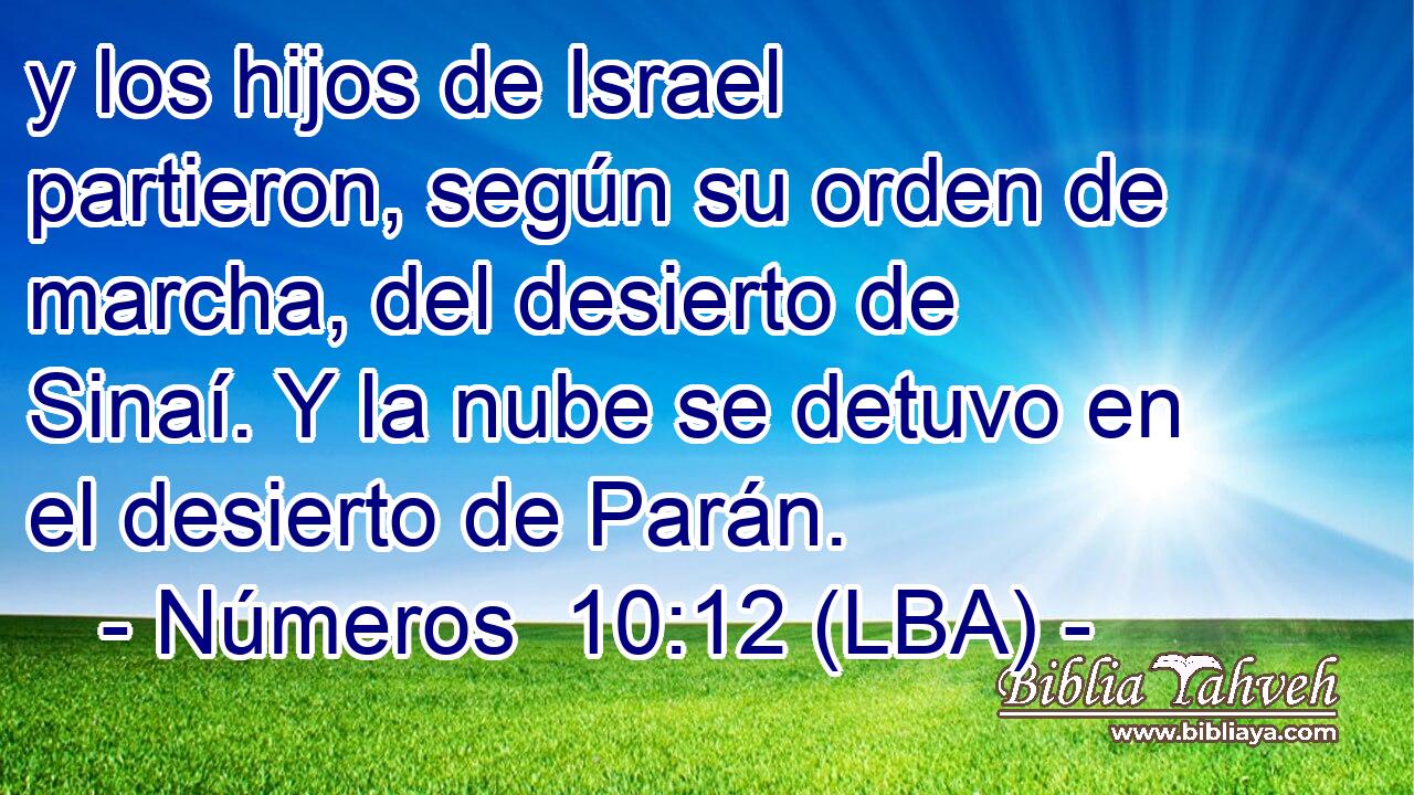 y los hijos de Israel partieron, según su orden de marcha, del desierto de Sinaí. Y la nube se detuvo en el desierto de Parán.