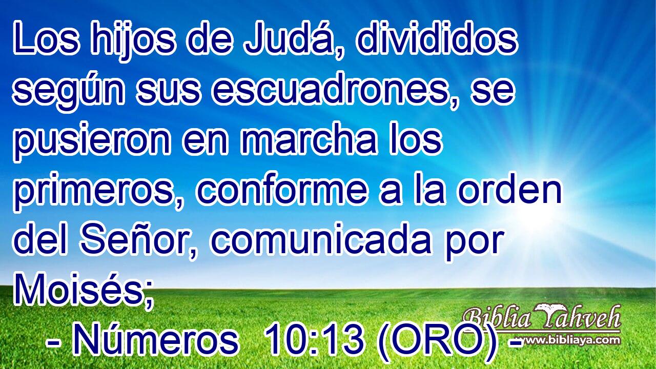  Los hijos de Judá, divididos según sus escuadrones, se pusieron en marcha los primeros, conforme a la orden del Señor, comunicada por Moisés; 