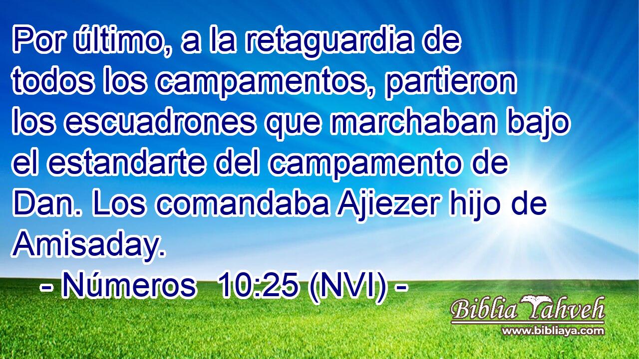  Por último, a la retaguardia de todos los campamentos, partieron los escuadrones que marchaban bajo el estandarte del campamento de Dan. Los comandaba Ajiezer hijo de Amisaday. 