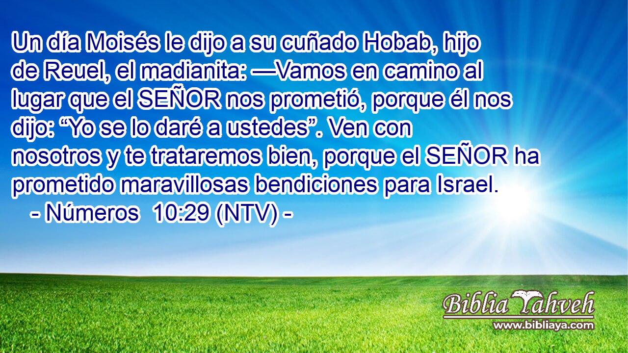Un día Moisés le dijo a su cuñado Hobab, hijo de Reuel, el madianita: —Vamos en camino al lugar que el SEÑOR nos prometió, porque él nos dijo: “Yo se lo daré a ustedes”. Ven con nosotros y te trataremos bien, porque el SEÑOR ha prometido maravillosas bendiciones para Israel.