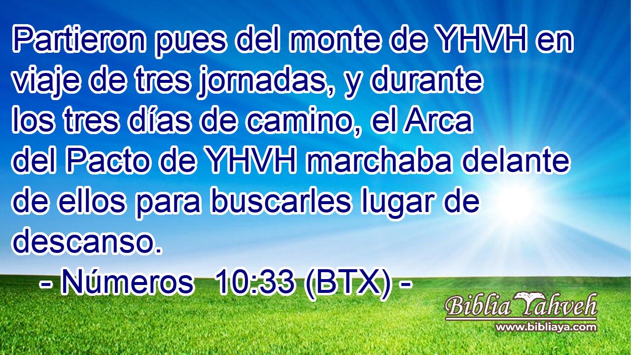 Partieron pues del monte de YHVH en viaje de tres jornadas, y durante los tres días de camino, el Arca del Pacto de YHVH marchaba delante de ellos para buscarles lugar de descanso.