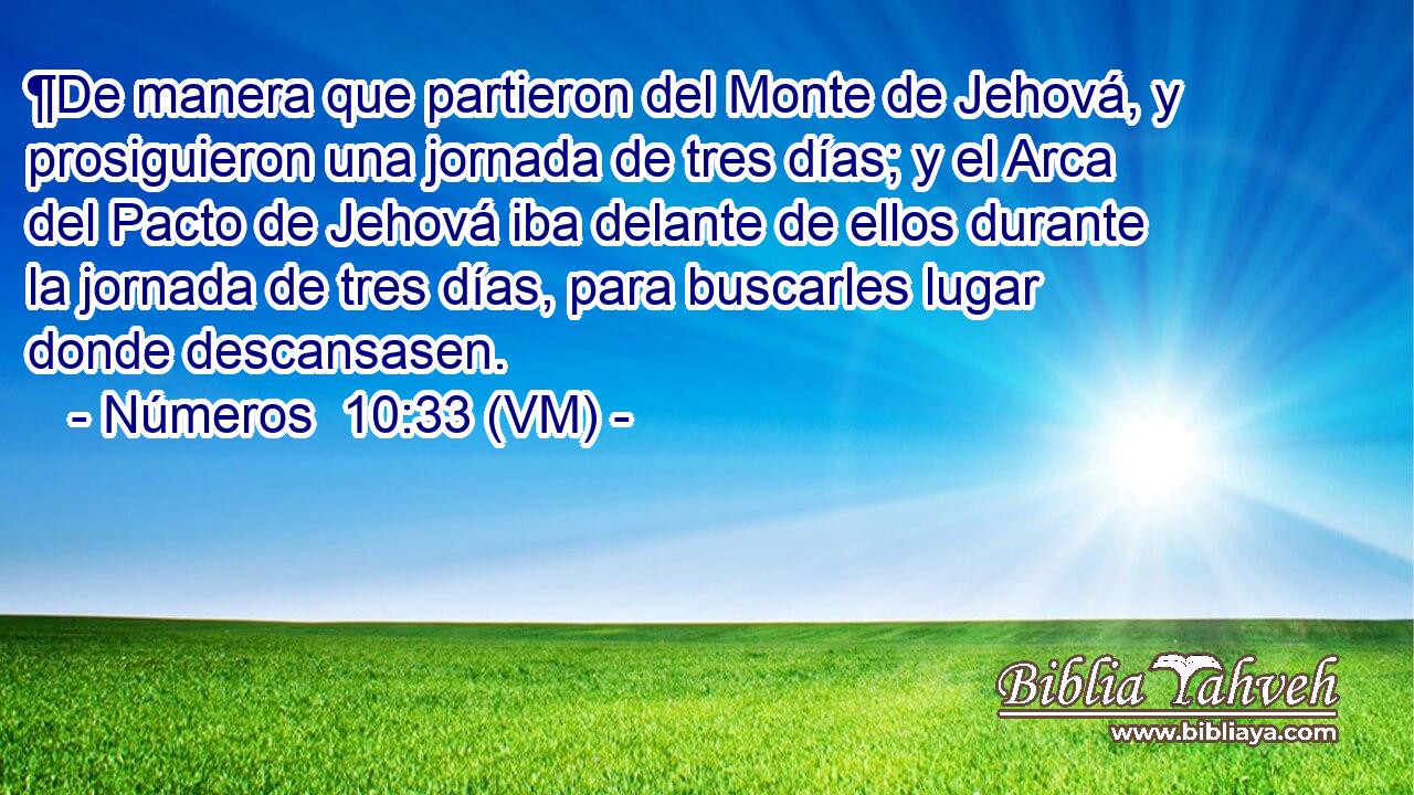  ¶De manera que partieron del Monte de Jehová, y prosiguieron una jornada de tres días; y el Arca del Pacto de Jehová iba delante de ellos durante la jornada de tres días, para buscarles lugar donde descansasen. 