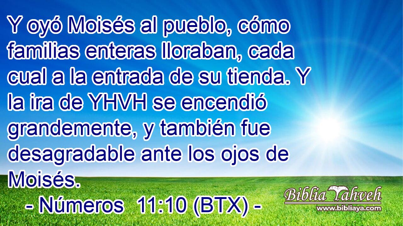 Y oyó Moisés al pueblo, cómo familias enteras lloraban, cada cual a la entrada de su tienda. Y la ira de YHVH se encendió grandemente, y también fue desagradable ante los ojos de Moisés.