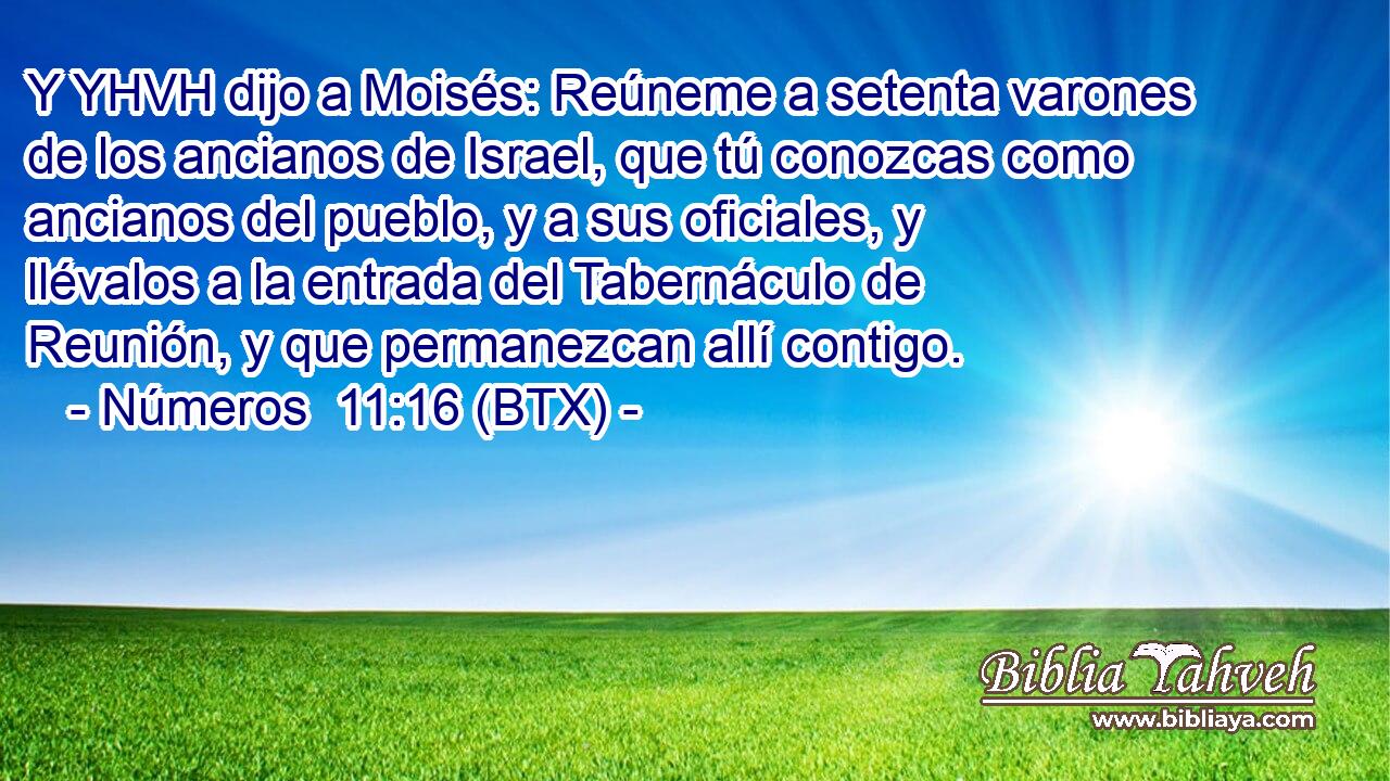 Y YHVH dijo a Moisés: Reúneme a setenta varones de los ancianos de Israel, que tú conozcas como ancianos del pueblo, y a sus oficiales, y llévalos a la entrada del Tabernáculo de Reunión, y que permanezcan allí contigo.
