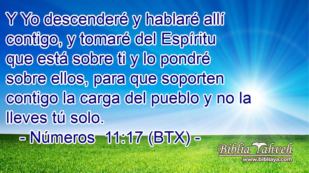 Y Yo descenderé y hablaré allí contigo, y tomaré del Espíritu que está sobre ti y lo pondré sobre ellos, para que soporten contigo la carga del pueblo y no la lleves tú solo.