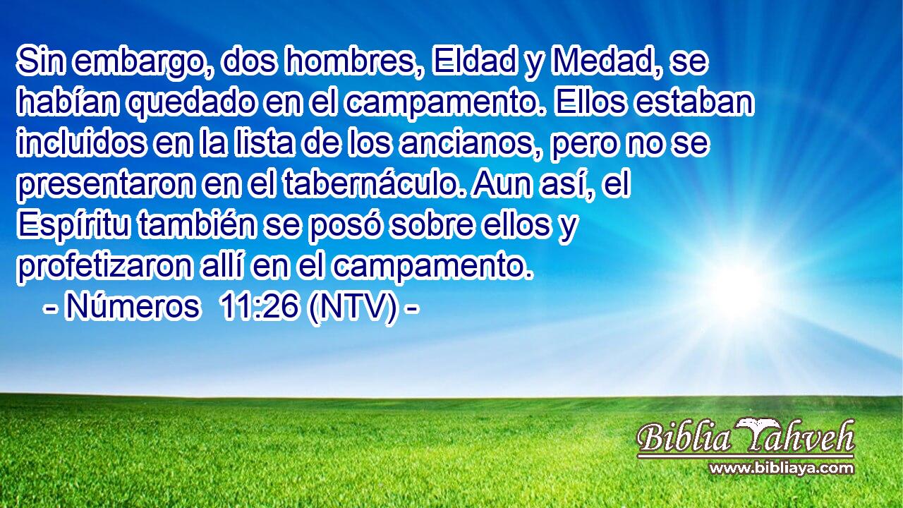 Sin embargo, dos hombres, Eldad y Medad, se habían quedado en el campamento. Ellos estaban incluidos en la lista de los ancianos, pero no se presentaron en el tabernáculo. Aun así, el Espíritu también se posó sobre ellos y profetizaron allí en el campamento.
