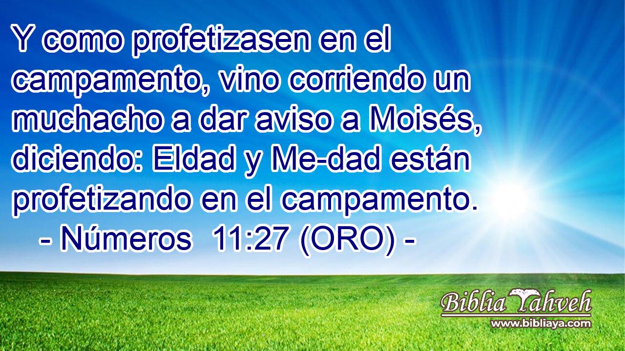  Y como profetizasen en el campamento, vino corriendo un muchacho a dar aviso a Moisés, diciendo: Eldad y Me-dad están profetizando en el campamento. 